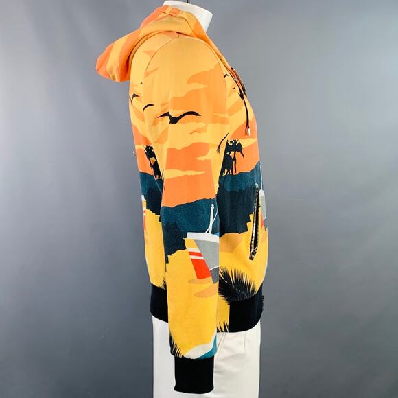 BALMAIN Size L Black Orange Blue Tropical Cotton Hooded Zip Up Sweatshirt - Picture 3 of 10